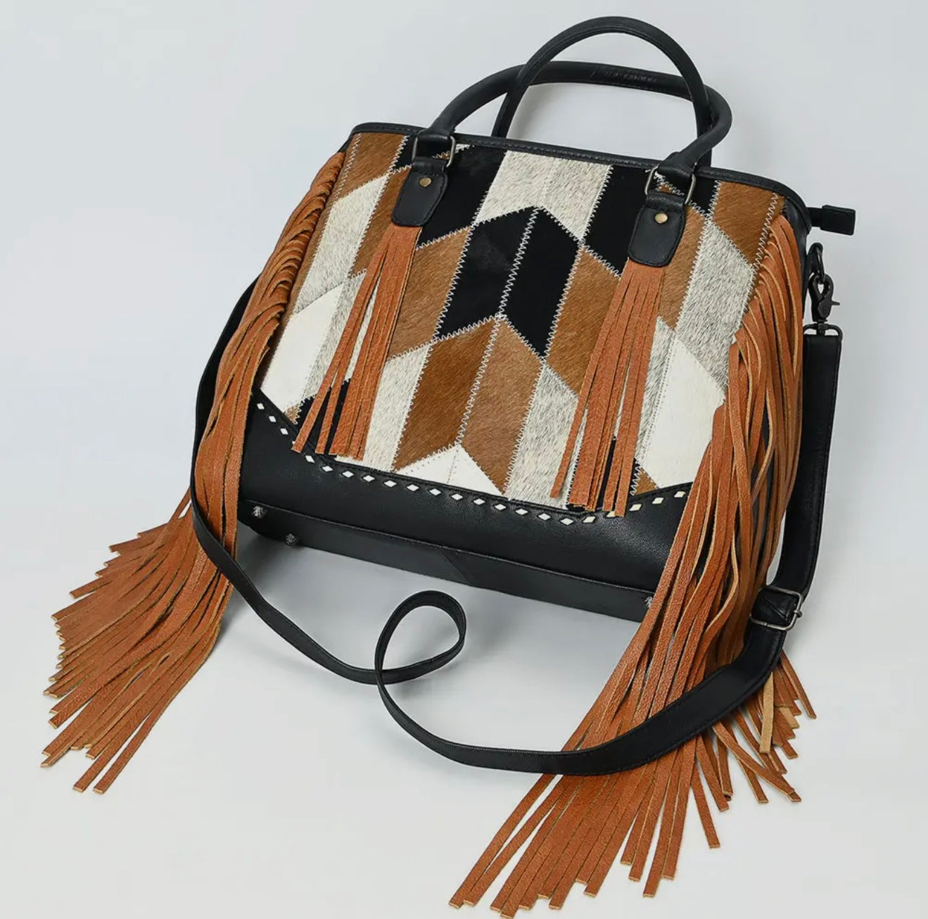 Herringbone Fringe Leather & Cow Hair Handbag/Cross-Body