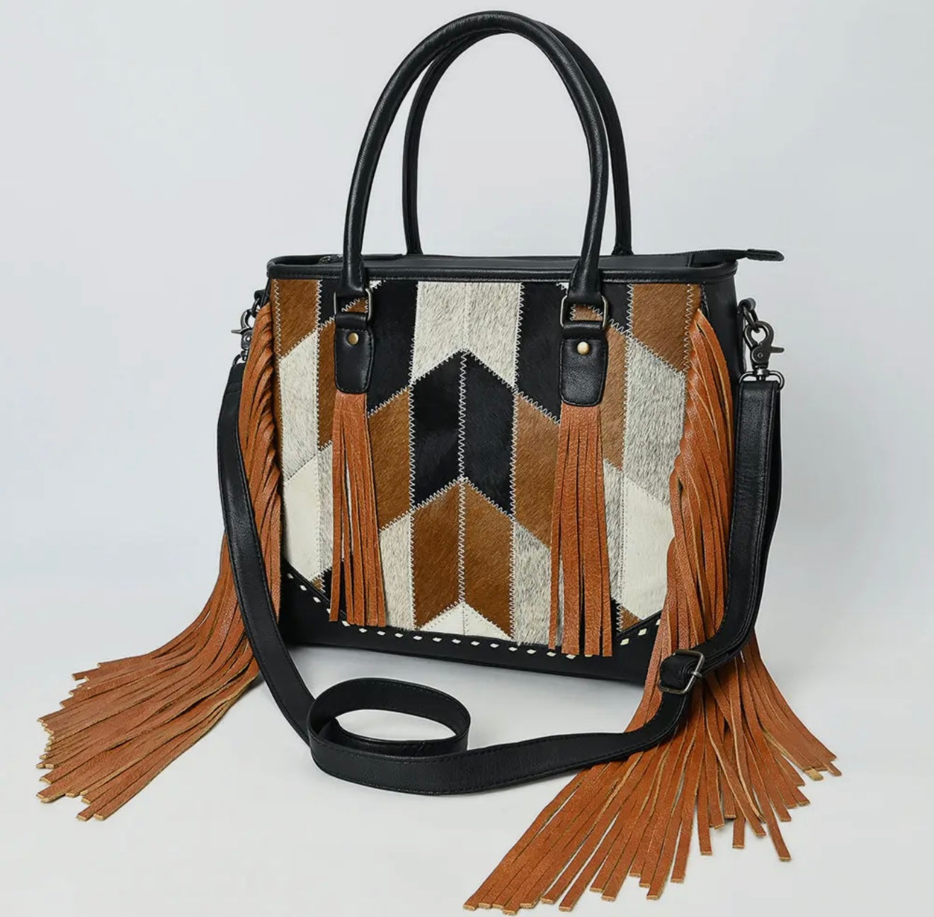Herringbone Fringe Leather & Cow Hair Handbag/Cross-Body