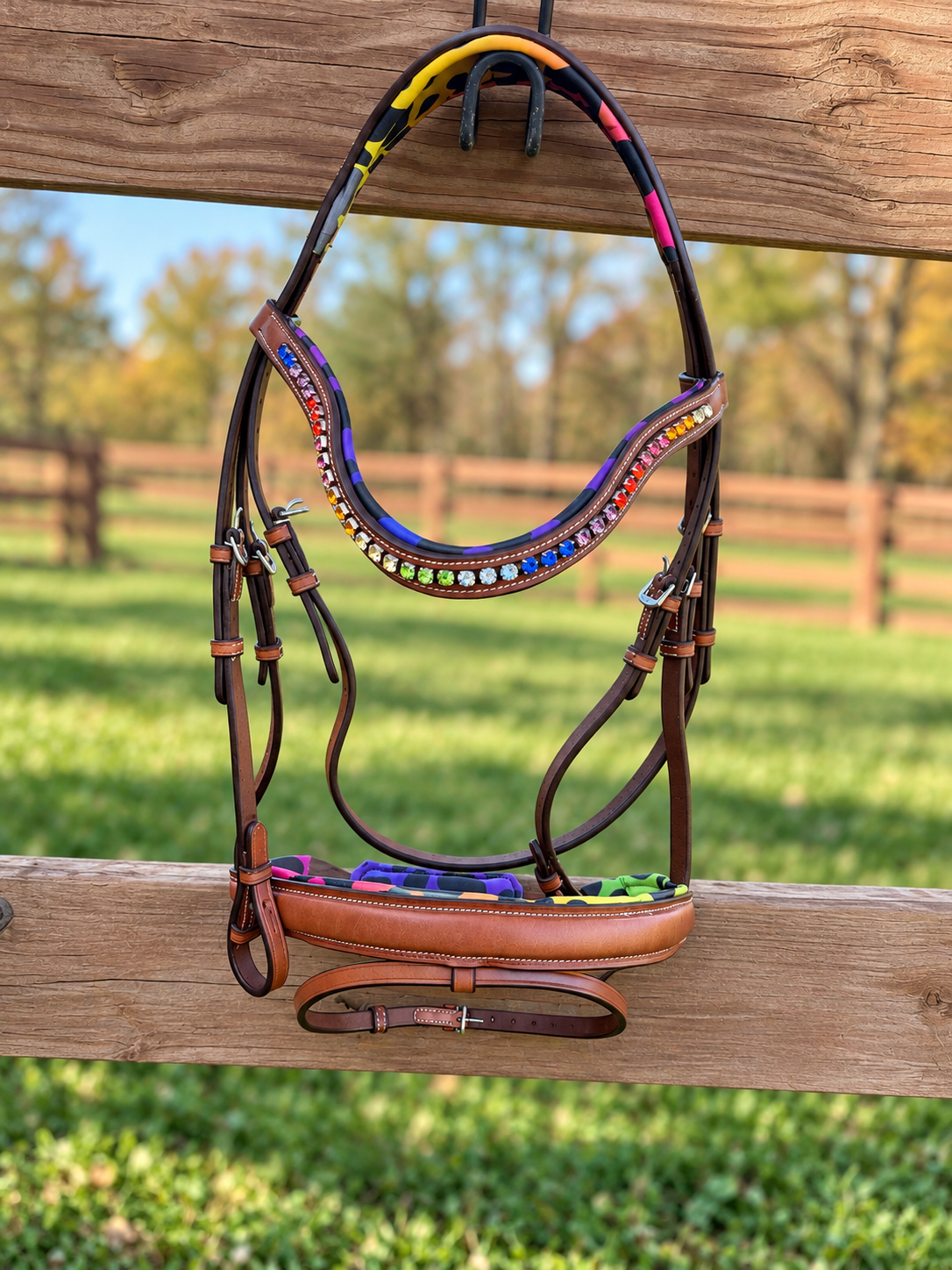 Rainbow Leopard Leather Crystal Bridle