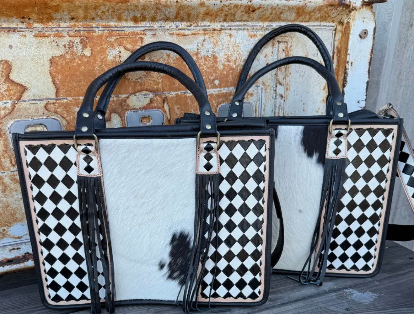 Checkered Tooled Leather Tote