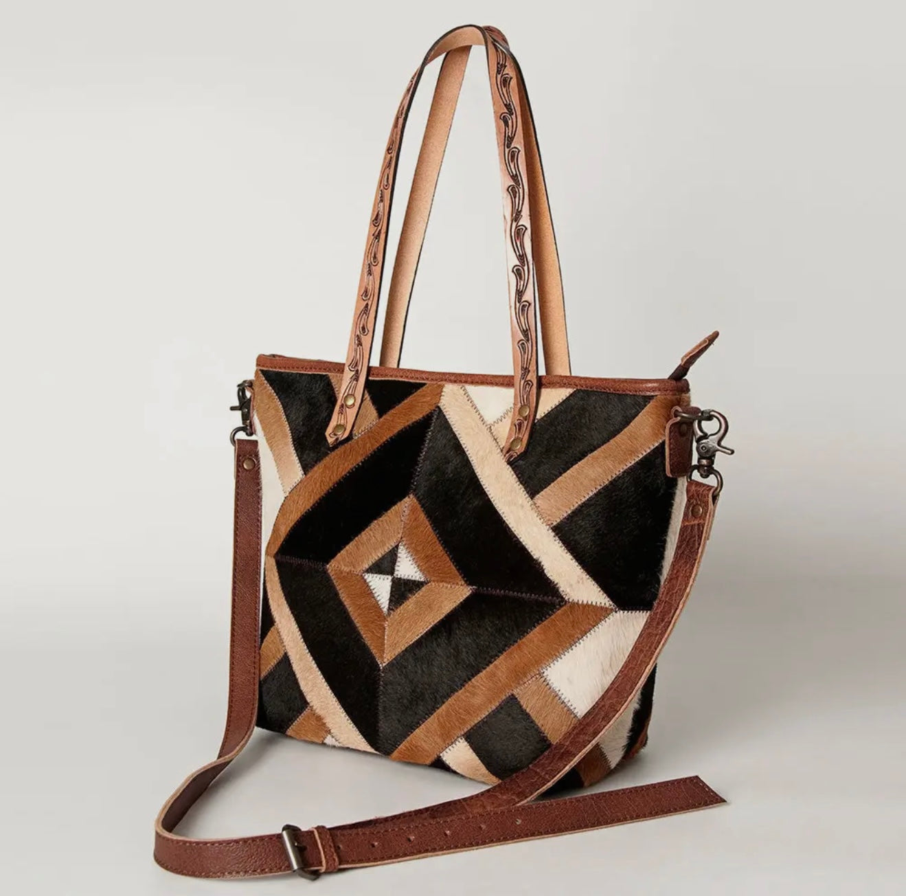 Geometric Leather & Cow Hair Handbag/Cross-Body