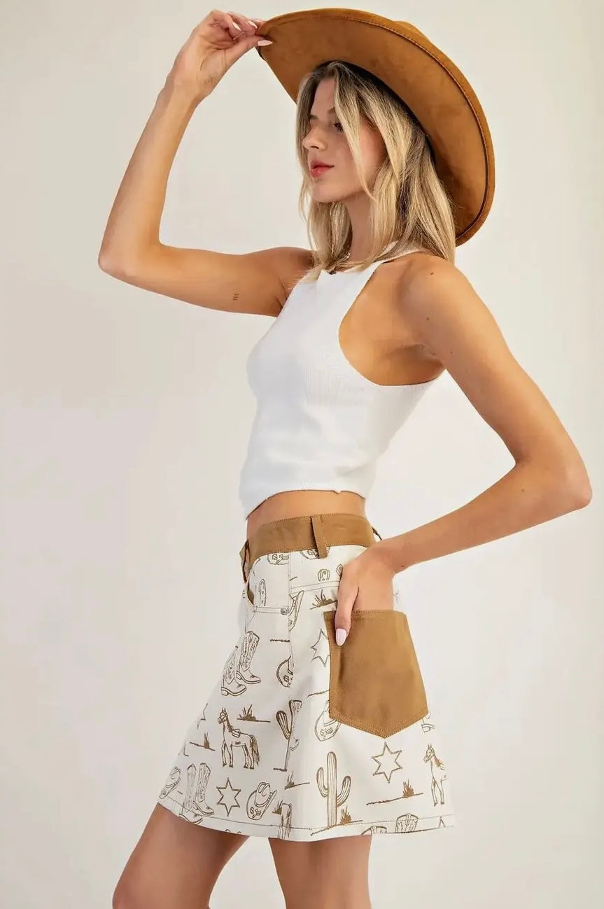 Mineral Washed Western Mini Skirt