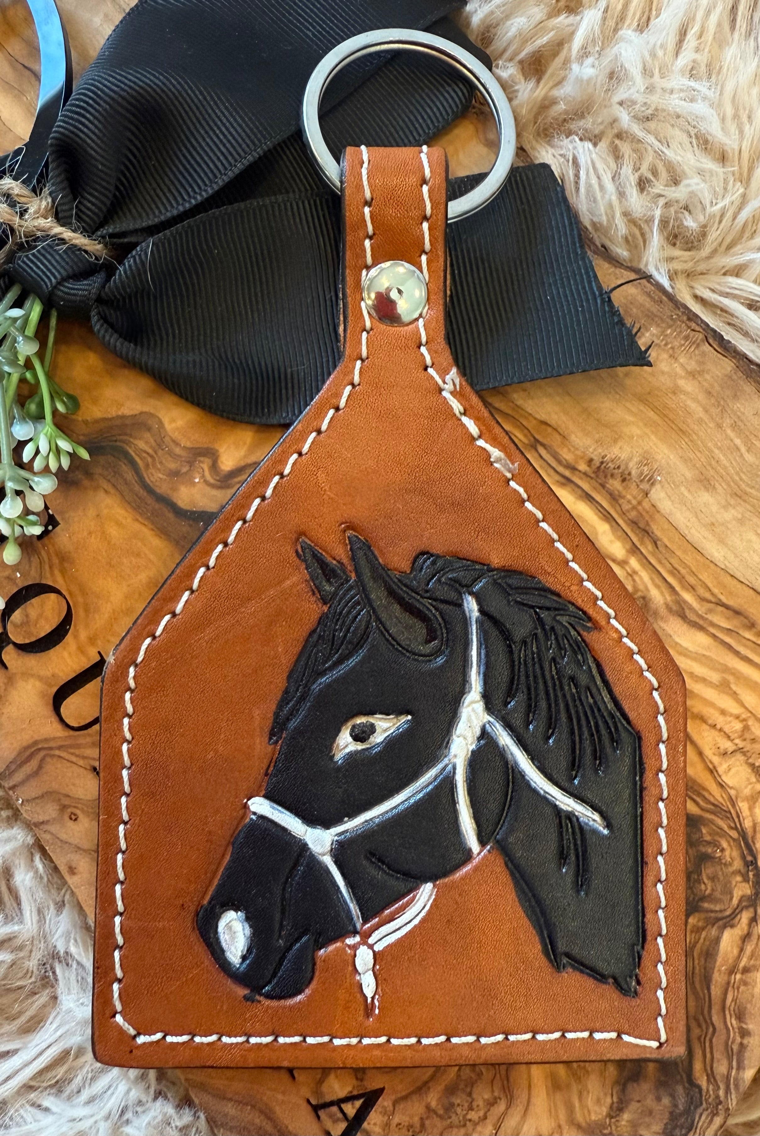 Tooled Leather Horse Head Key Chain