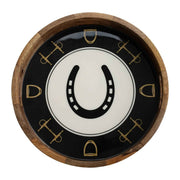 Huntley Equestrian Horsehoe and Bit Round Wooden Tray-Black and Gold Equestrian Home Decor
