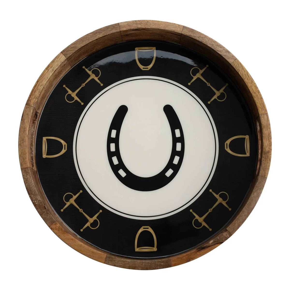 Huntley Equestrian Horsehoe and Bit Round Wooden Tray-Black and Gold Equestrian Home Decor