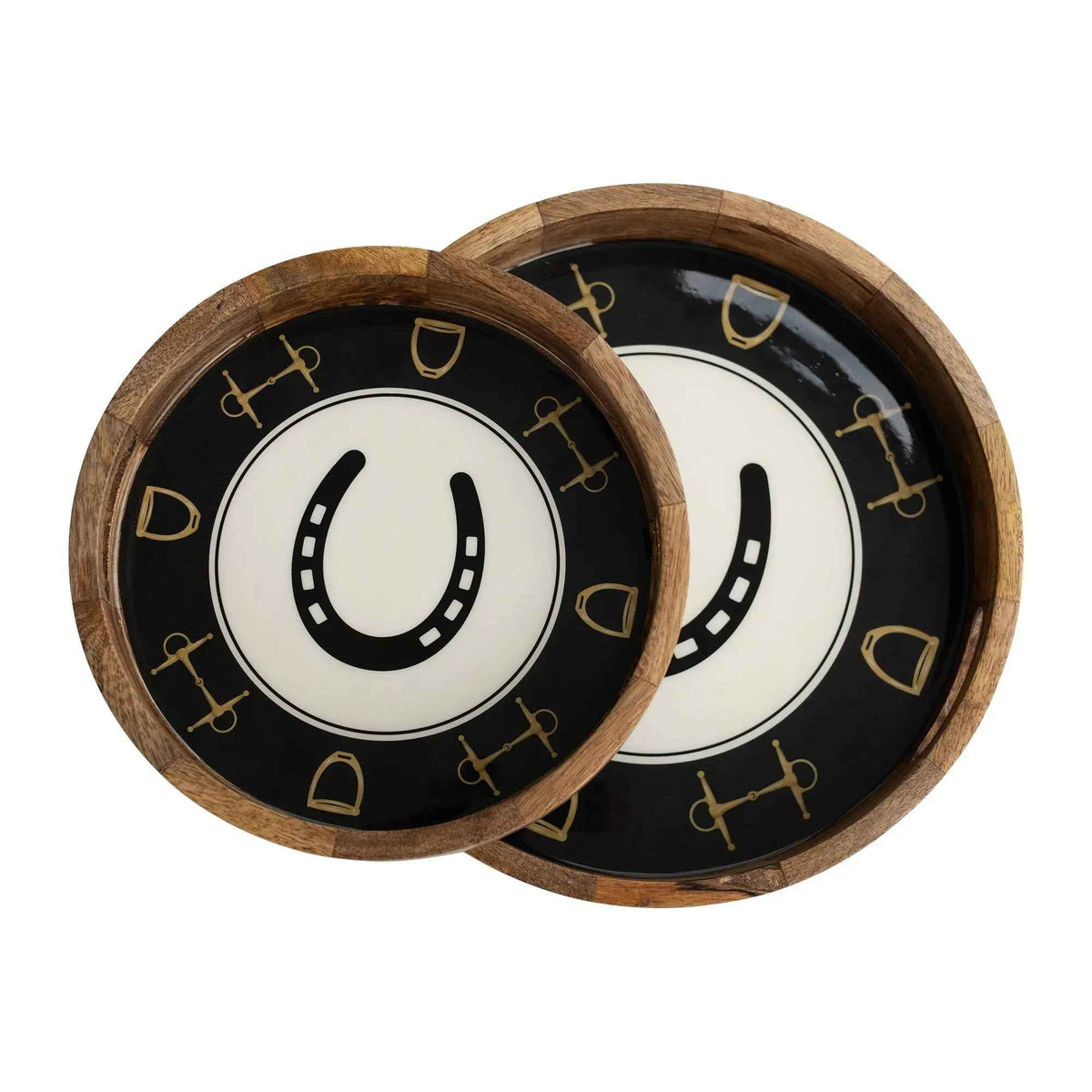 Huntley Equestrian Horsehoe and Bit Round Wooden Tray-Black and Gold Equestrian Home Decor